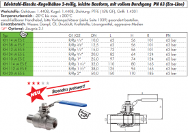 Edelstahl-​Einschraub-Kugelhähne 2-​tlg. leichte Bauform mit vollem Durchgang IG/AG PN 63 (Eco-​Line), alle Größen